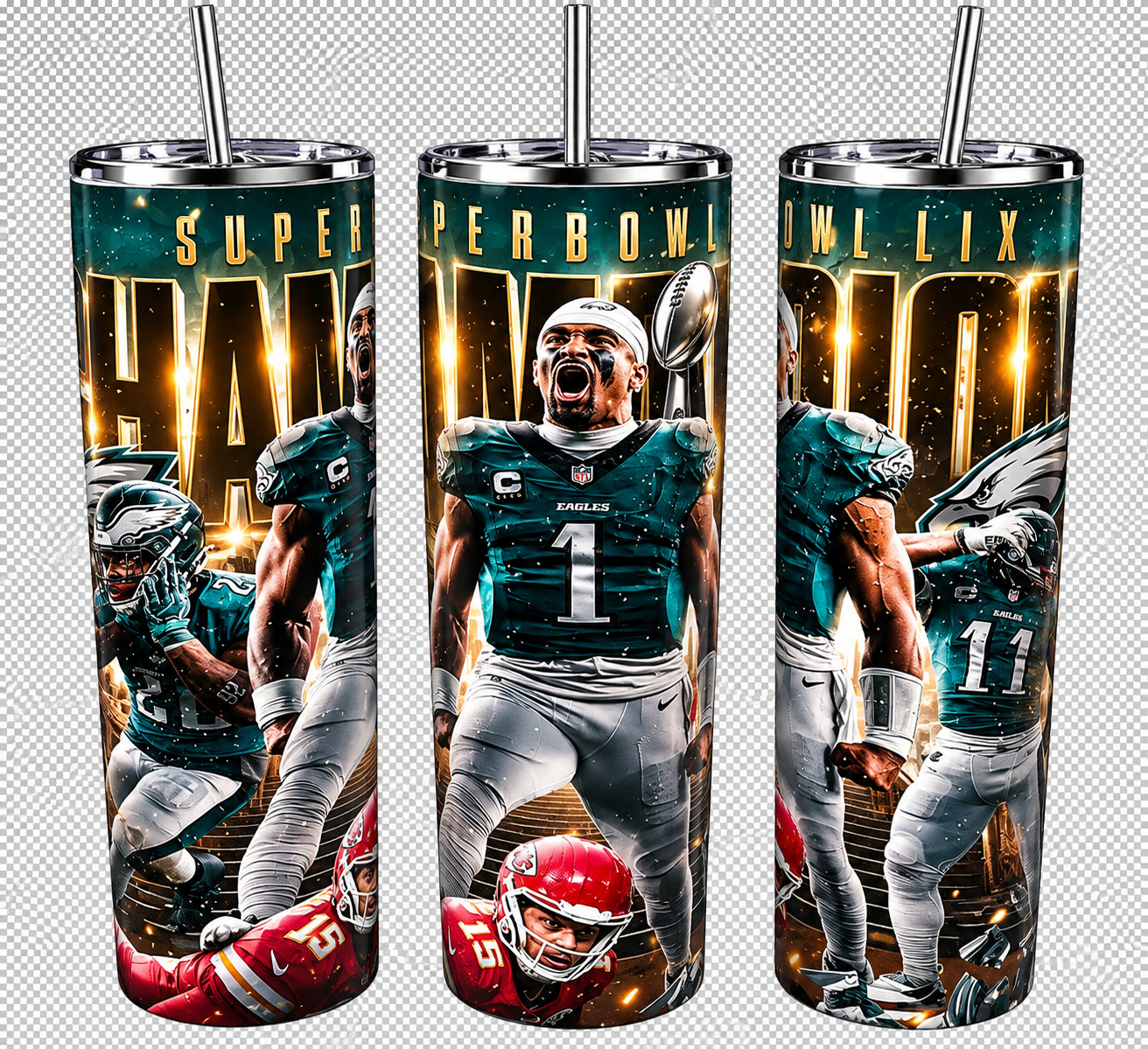 20 oz skinny tumbler with a full-wrap Super Bowl champions design