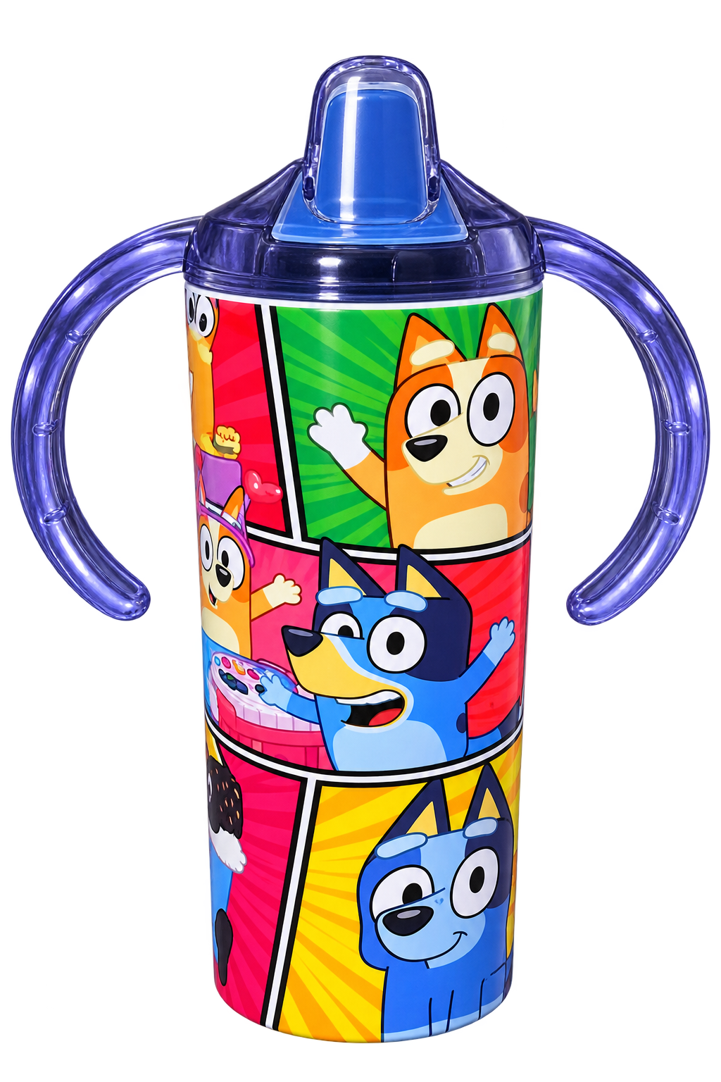 Kids stainless sippy cup with handles and a colorful cartoon character wrap
